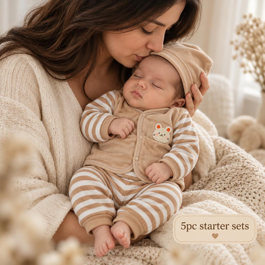 Brown newborn 5-piece pre-winter starter set shown on a baby, featuring a mouse character front-open top, brown-and-white striped trousers and matching cap.