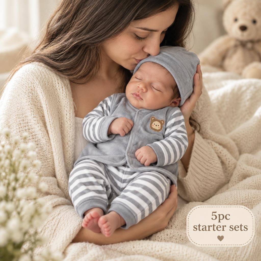 Grey newborn 5-piece pre-winter starter set shown on a baby, with lion character chest patch, grey-and-white striped trousers and matching grey cap.
