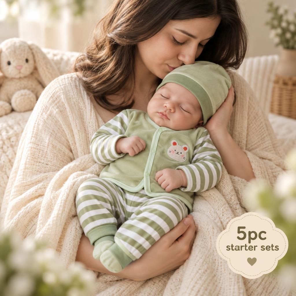 Green newborn 5-piece pre-winter starter set shown on a baby, featuring a mouse character front-open top, green-and-white striped trousers and matching cap.