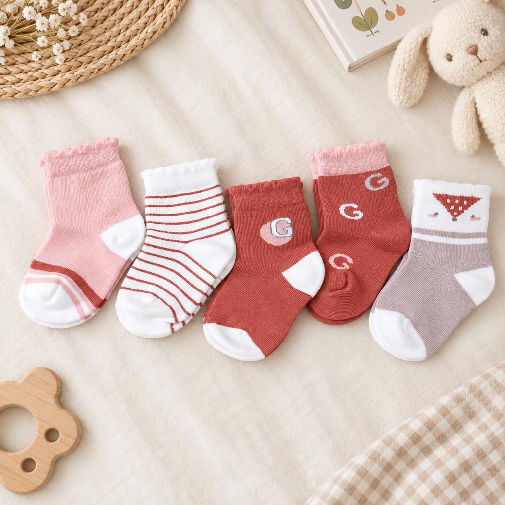 Assorted five-pair kids sock set displayed on a cream nursery-style backdrop, featuring pink, red, white and grey socks with G letters, stripes and geometric details.