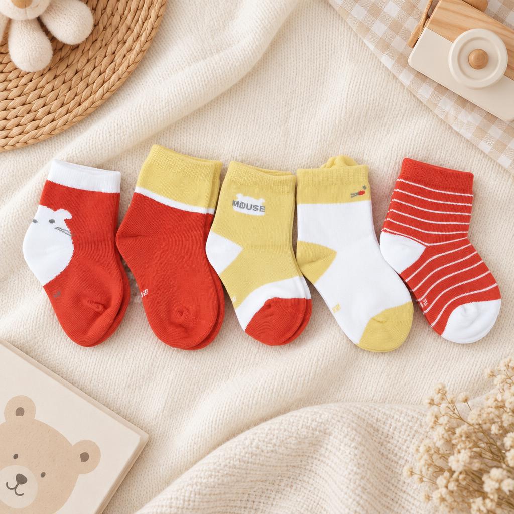 Five-pair red, yellow and white kids sock assortment presented flat on a cream fabric backdrop, featuring mouse-inspired prints, a MOUSE label and red striped socks.