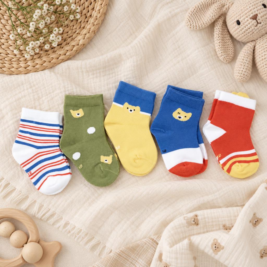 Five assorted kids socks laid on a textured cream blanket, including blue, yellow and green pairs with bear-face motifs plus red and blue striped designs.