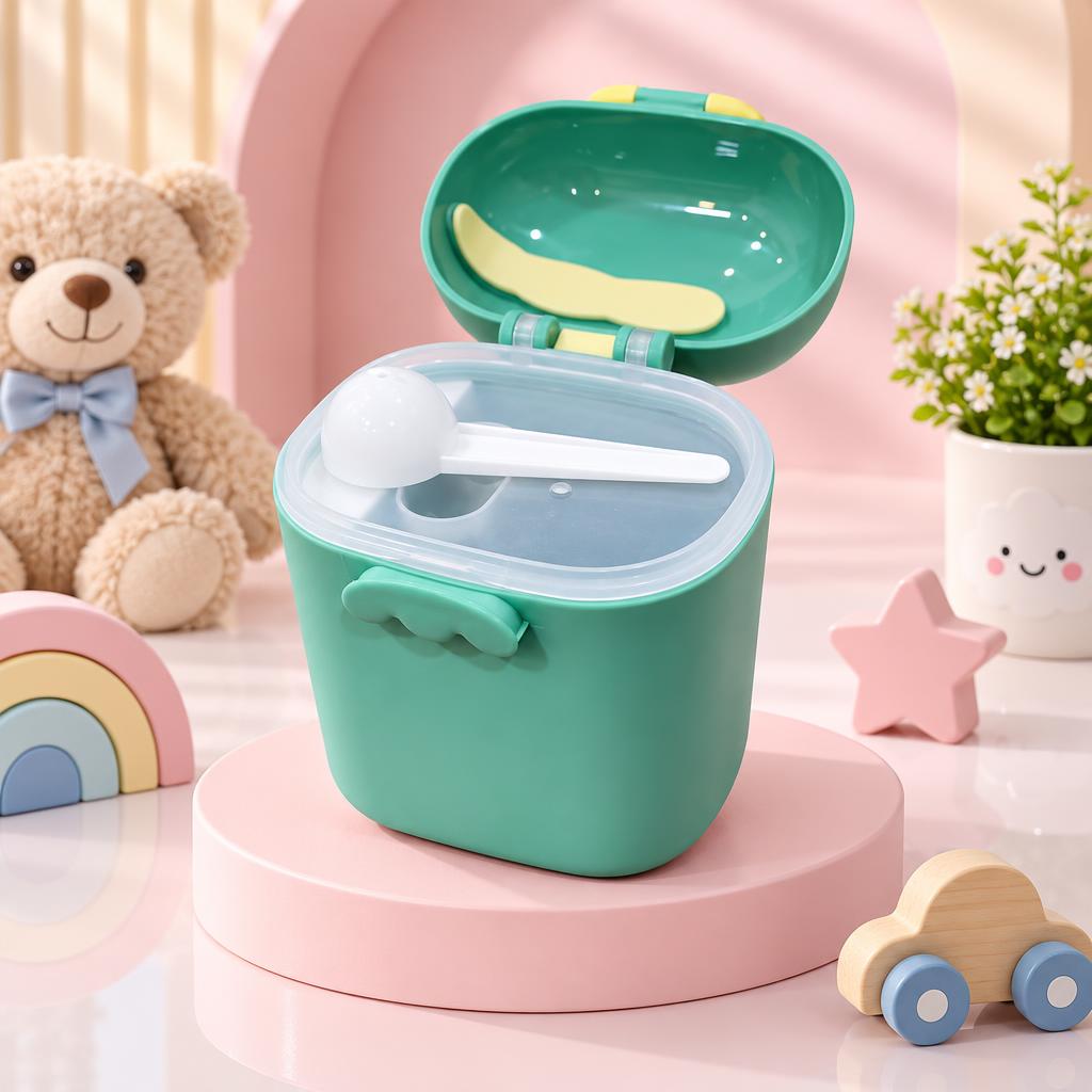Open green dinosaur milk powder container with clear inner cover and white scoop displayed on a pink nursery-style setting.