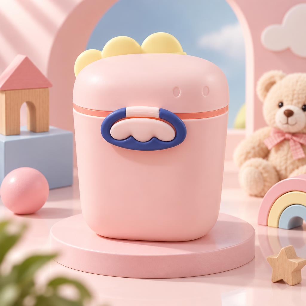 Closed peach dinosaur milk powder container with yellow raised crest and navy-and-peach front clasp-style detail.