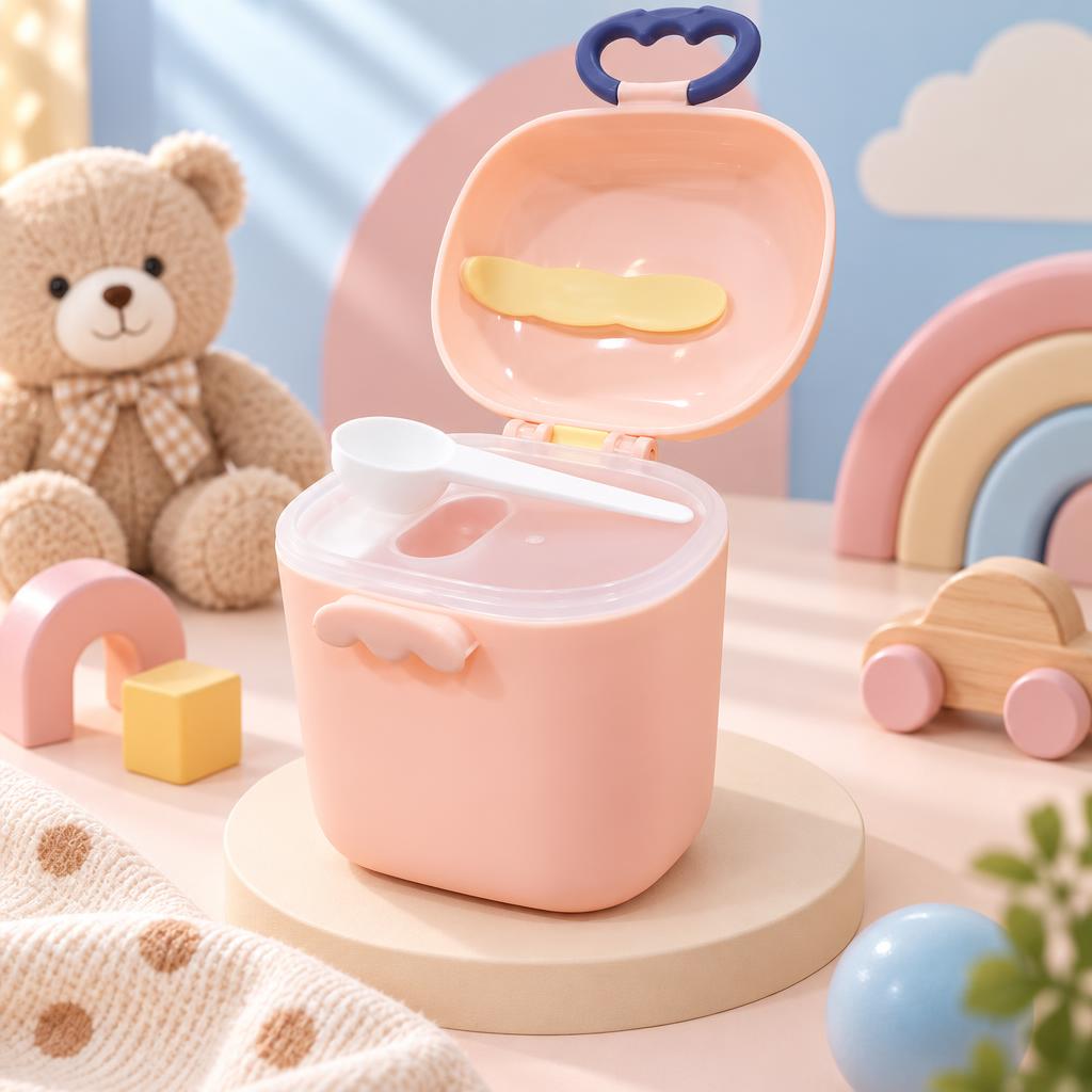 Open peach dinosaur milk powder container showing the hinged character lid, clear inner cover and white feeding scoop.