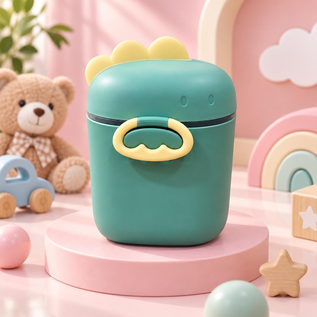 Closed green dinosaur milk powder container with a yellow crest and yellow-accented front clasp-style detail.