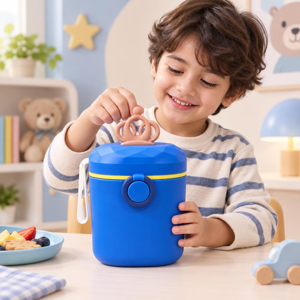 Child holding a blue milk powder container with yellow trim, pink crown-style lid handle and white side carry strap.