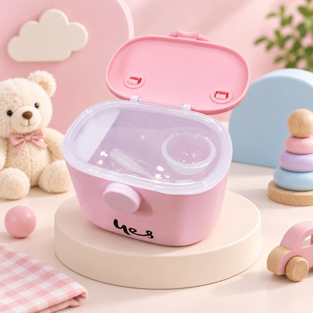 Open pink milk powder container displayed with its hinged lid raised, transparent inner cover, circular opening and scoop visible inside.