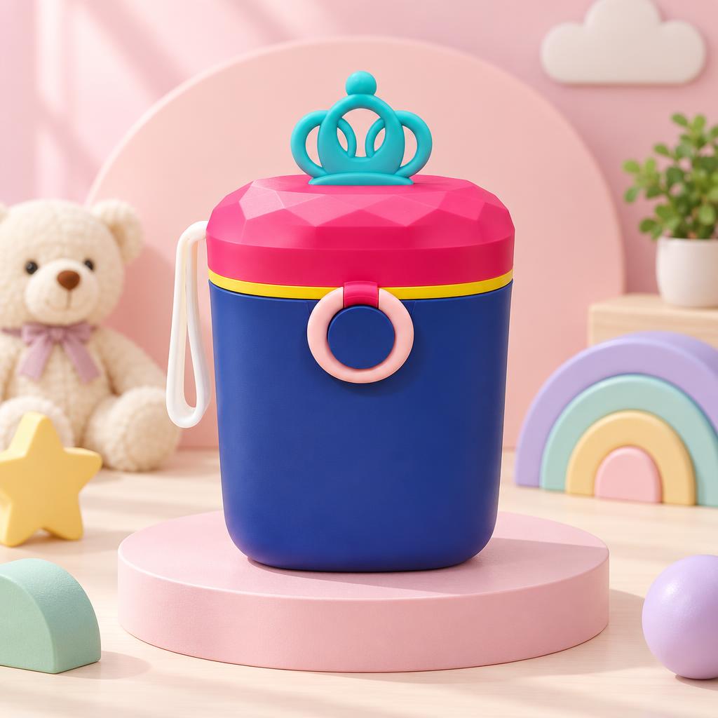 Blue milk powder container displayed upright with a bright pink crown-inspired lid, yellow trim and pink circular front accent.