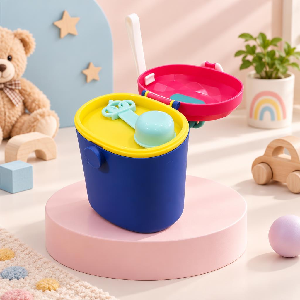 Open blue milk powder container showing the yellow inner cover, mint scoop, pink hinged lid and white side carry strap.