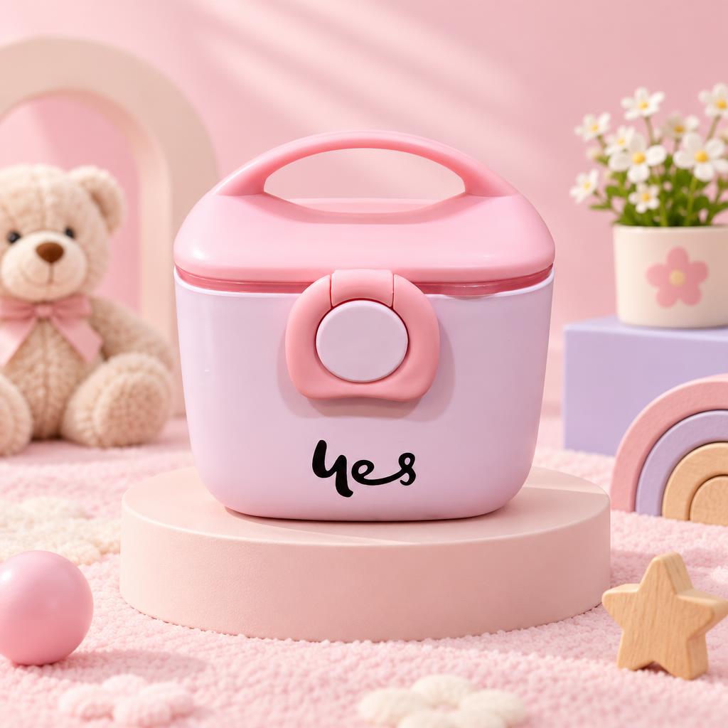 Closed pink milk powder container on a display stand, featuring a rounded handled lid, clear trim and large round front clasp.