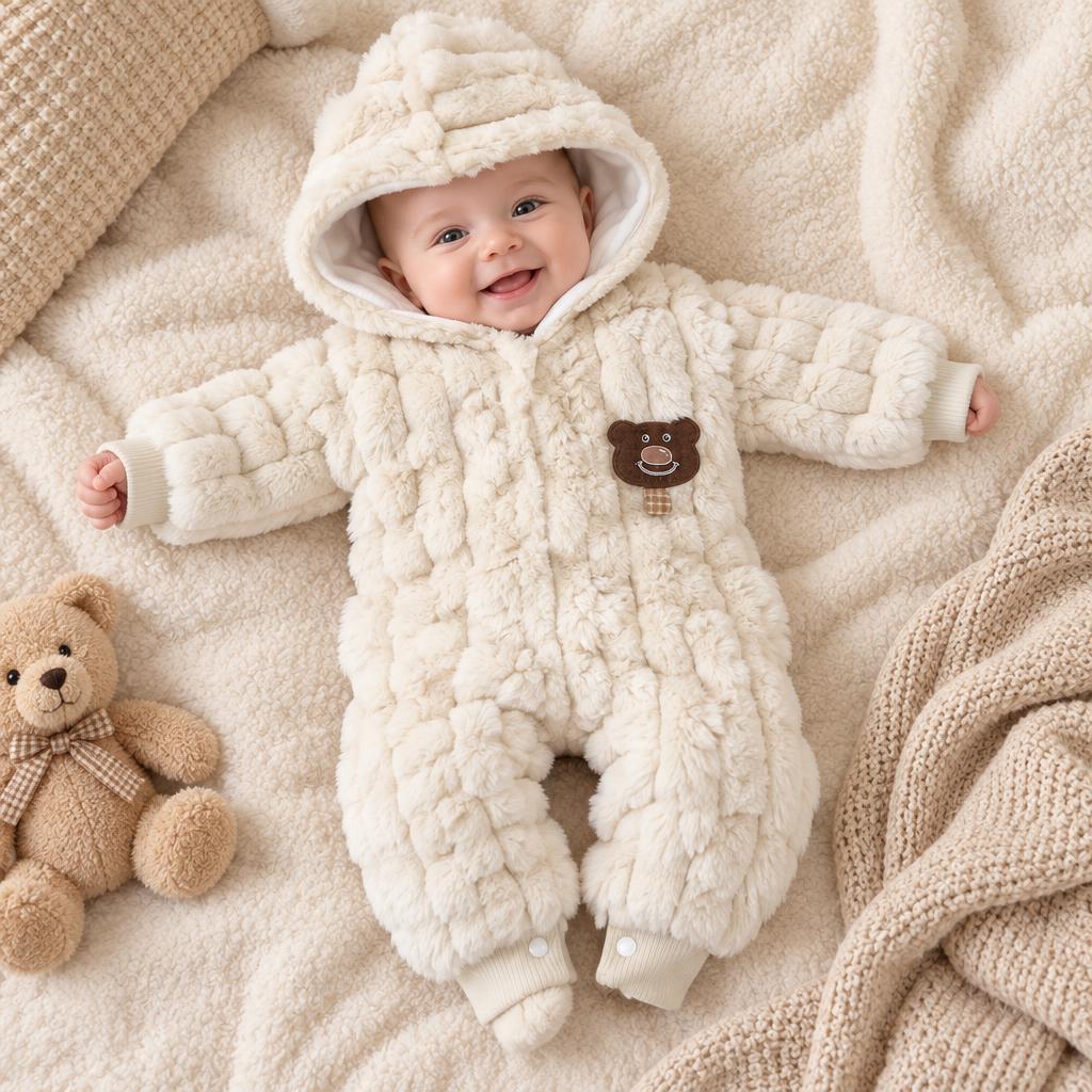 Baby wearing a cream fluffy bear-ear hooded romper on a textured blanket, showing the bear chest patch and enclosed full-length design.