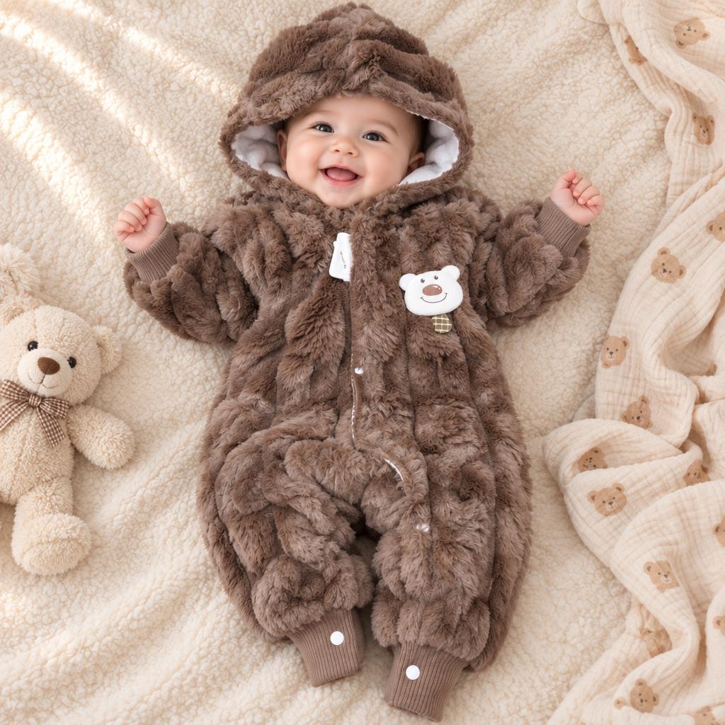 Baby wearing a brown textured faux-fur bear hooded romper, with raised ears, front opening, bear chest patch and ribbed ankle cuffs visible.