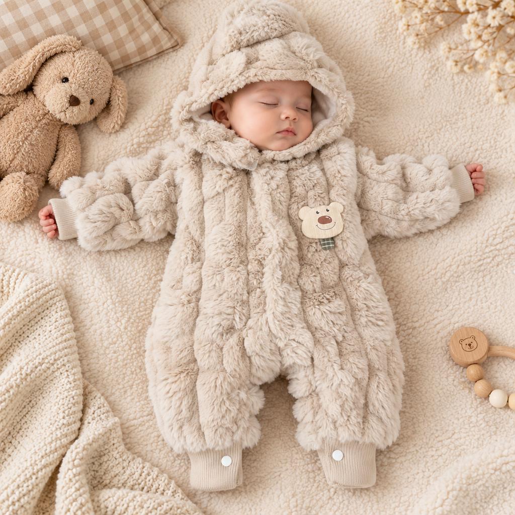 Sleeping baby wearing a beige fluffy bear-ear hooded romper on a cream blanket, highlighting the bear chest patch and lower snap-button openings.