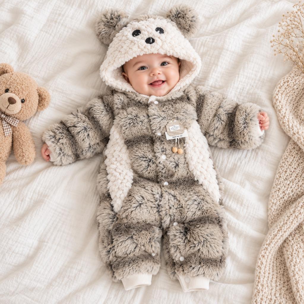 Baby wearing the Brown fluffy hooded romper on a white bed, featuring a cream animal-face hood with rounded ears, contrast front panels and snap closure.