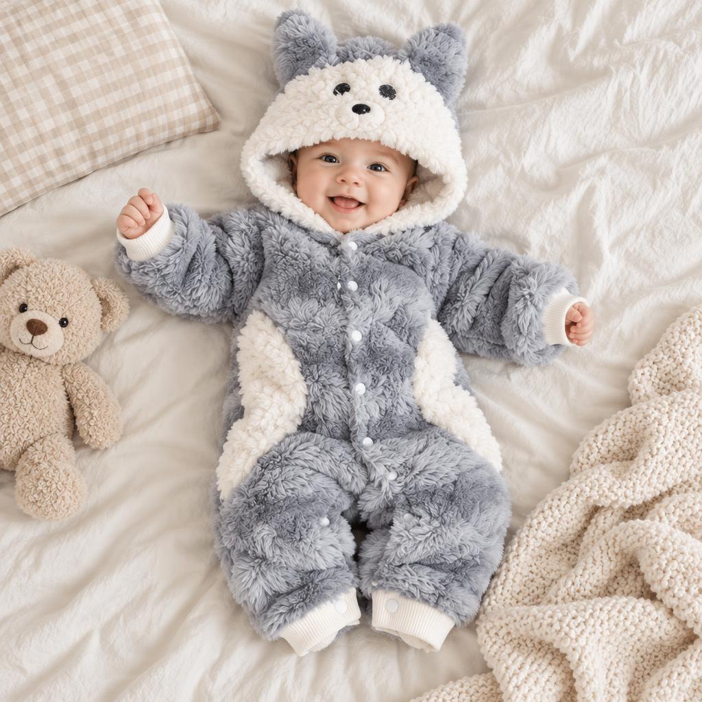 Baby wearing the Grey plush hooded romper with contrast cream hood and side panels, pointed ear character hood and front snap buttons.