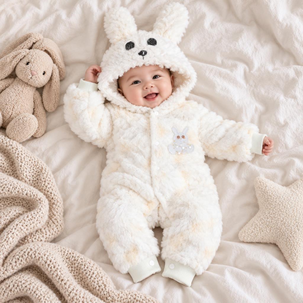 Baby wearing the Cream plush hooded romper with long bunny-ear hood, front snap buttons and delicate bunny chest applique.