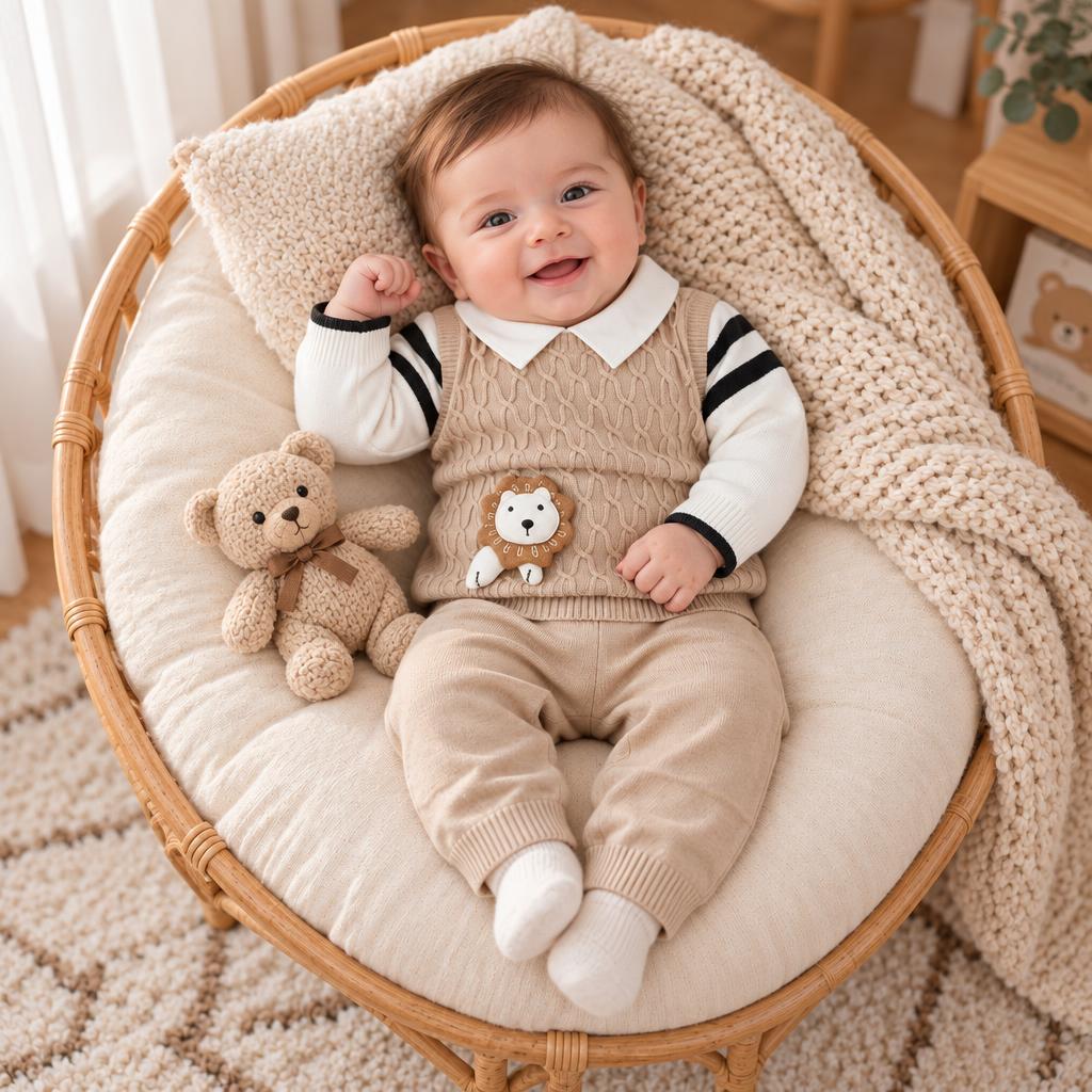 Baby model wearing the beige lion cable-knit-look shirt and matching trouser set while seated in a wicker chair.