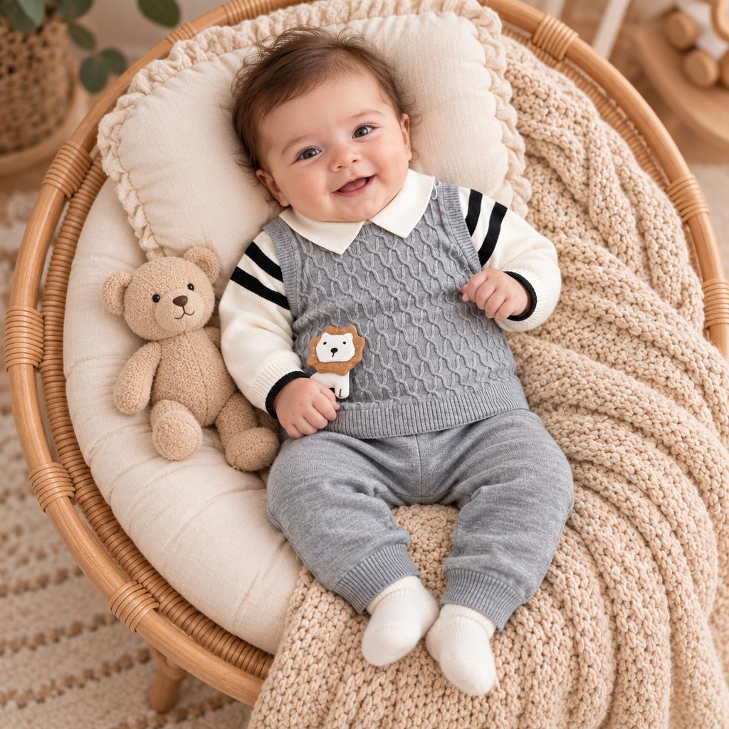 Baby model wearing the grey lion cable-knit-look shirt and matching grey trousers, with striped white sleeves and Peter Pan collar.