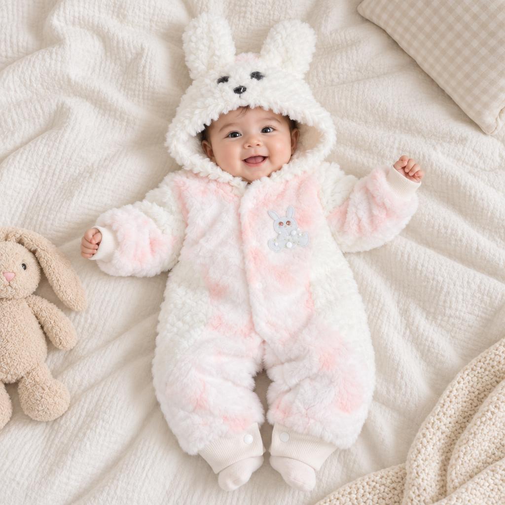 Baby wearing the Pink and white fluffy hooded romper, showing the long-eared bunny face hood, pastel pink panels and lower snap-button opening.