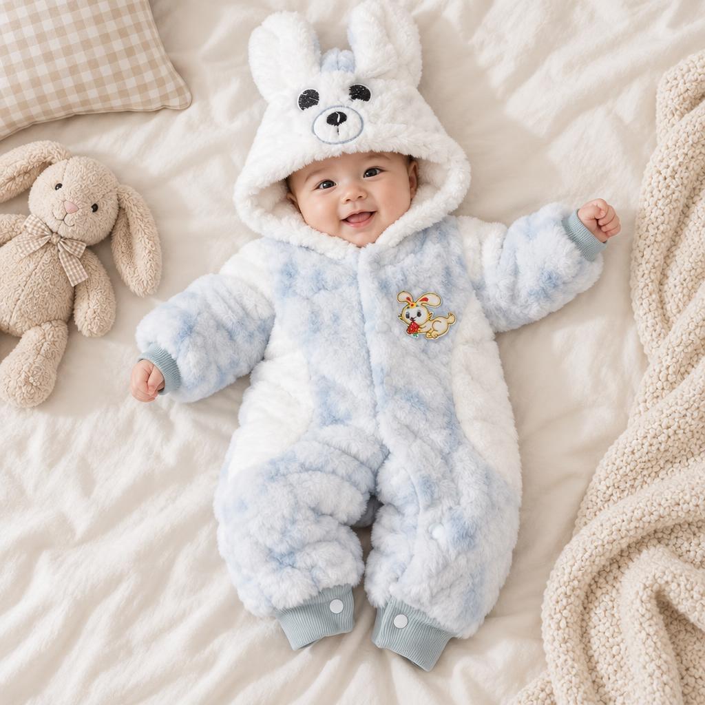 Baby wearing the Sky and white fluffy hooded romper on a bed, showing the bunny-ear character hood, front snap closure and small chest patch.