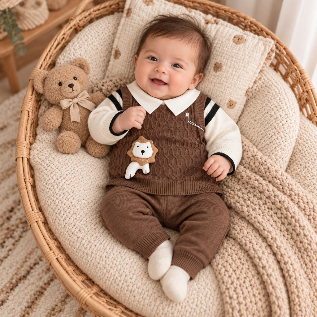 Baby model wearing the brown lion cable-knit-look shirt and matching brown trouser set in a cosy wicker basket setting.