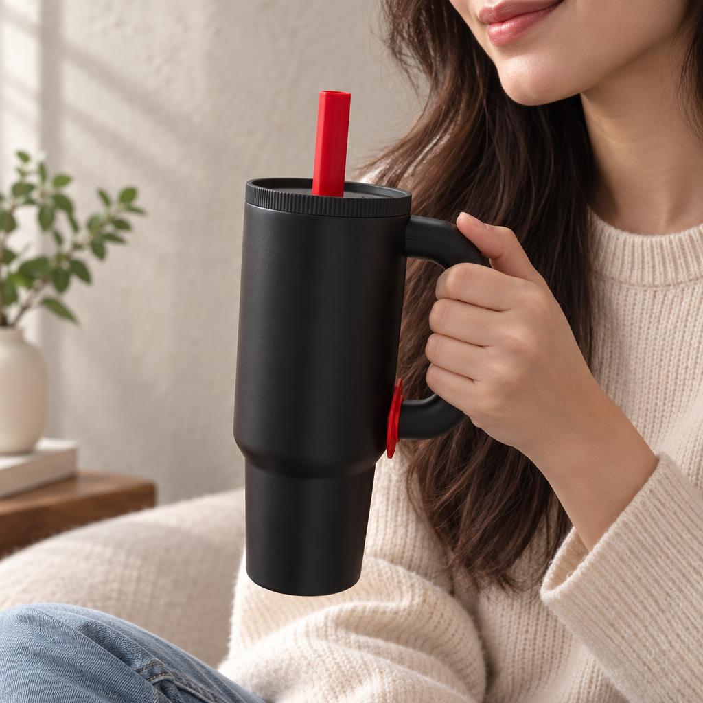 Black matte insulated tumbler held indoors, showing its large black side handle, red straw and red lower handle accent.