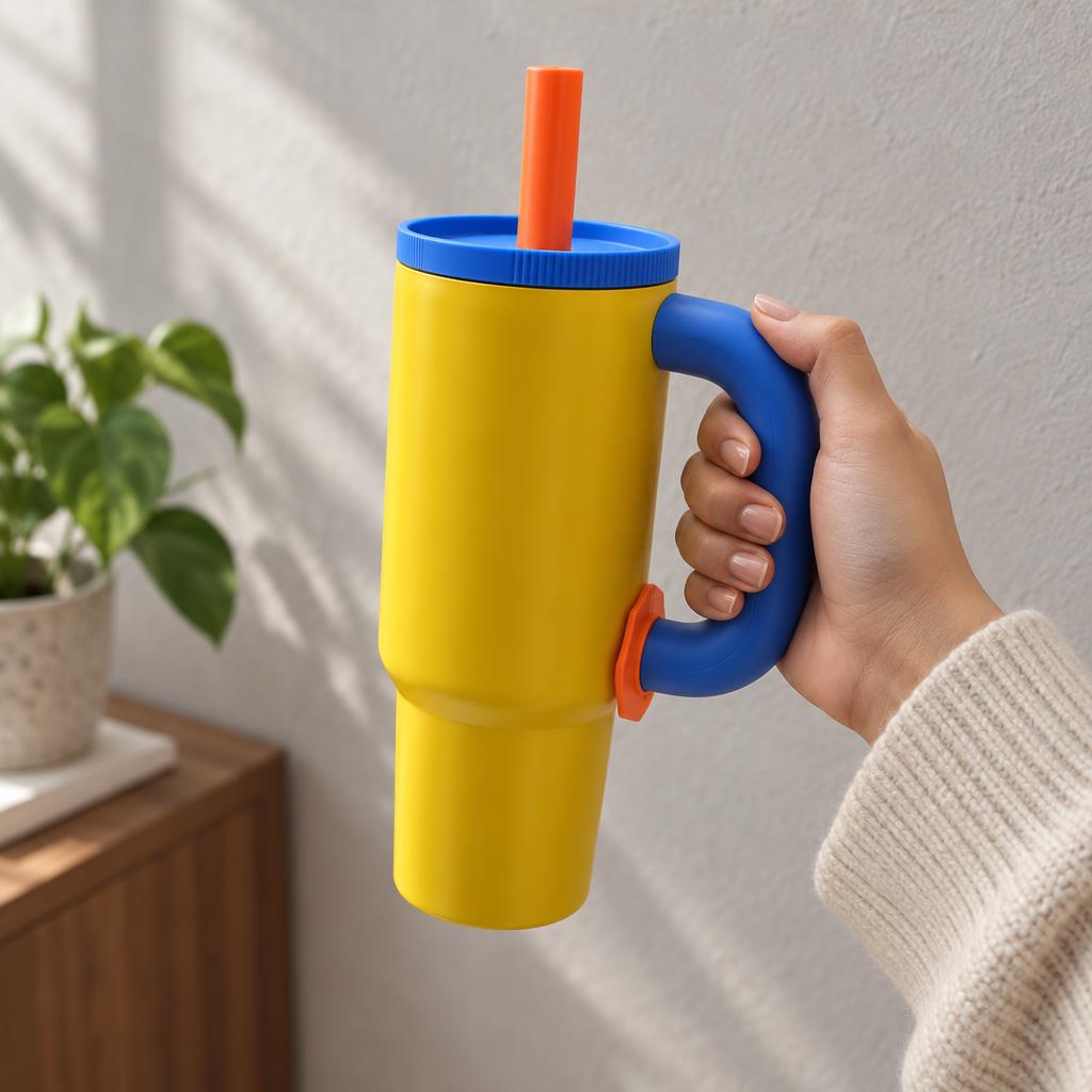 Yellow insulated straw tumbler held by its blue handle, featuring a blue ribbed lid, orange straw and orange handle accent.