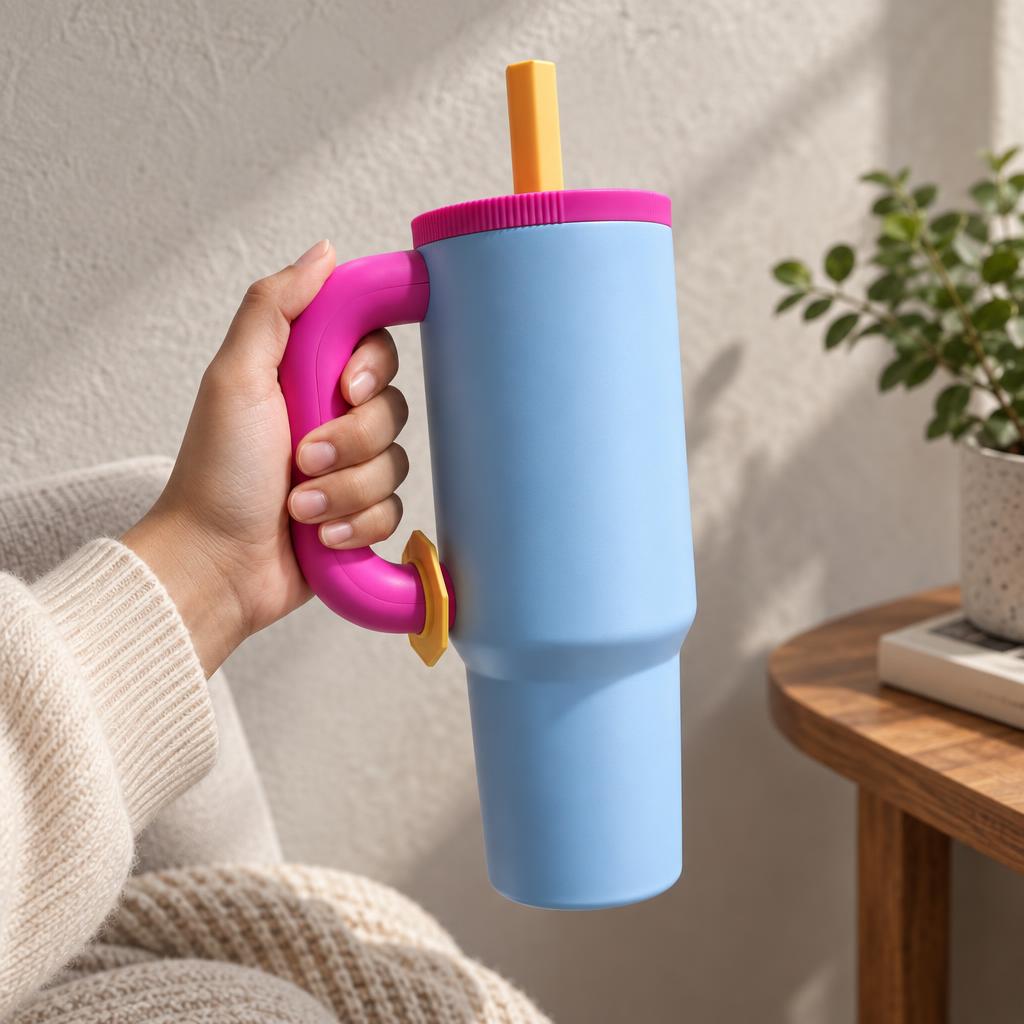 Light blue insulated straw tumbler held by its bright pink handle, with a pink lid, yellow straw and yellow lower handle accent.