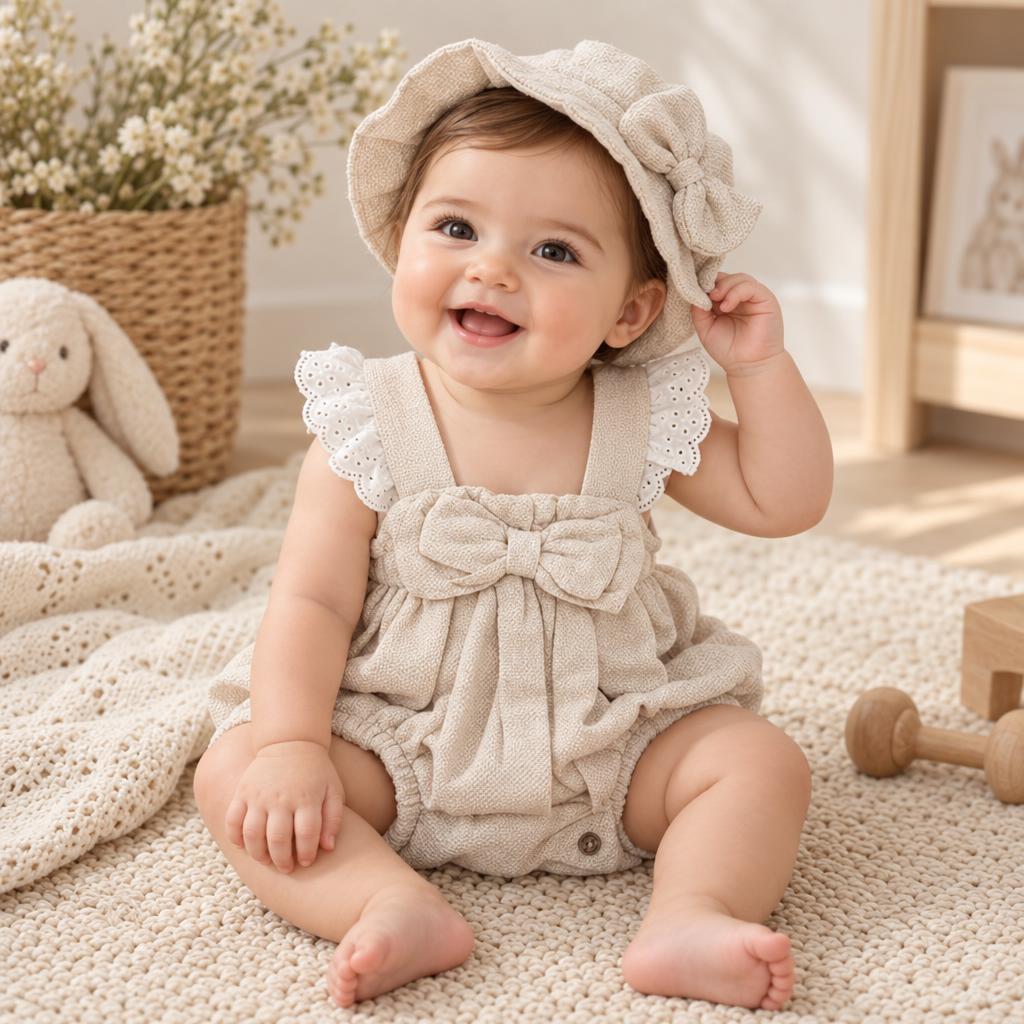 Baby wearing the Beige bow bodysuit and matching cap, with white eyelet ruffle shoulder details and a large front bow.