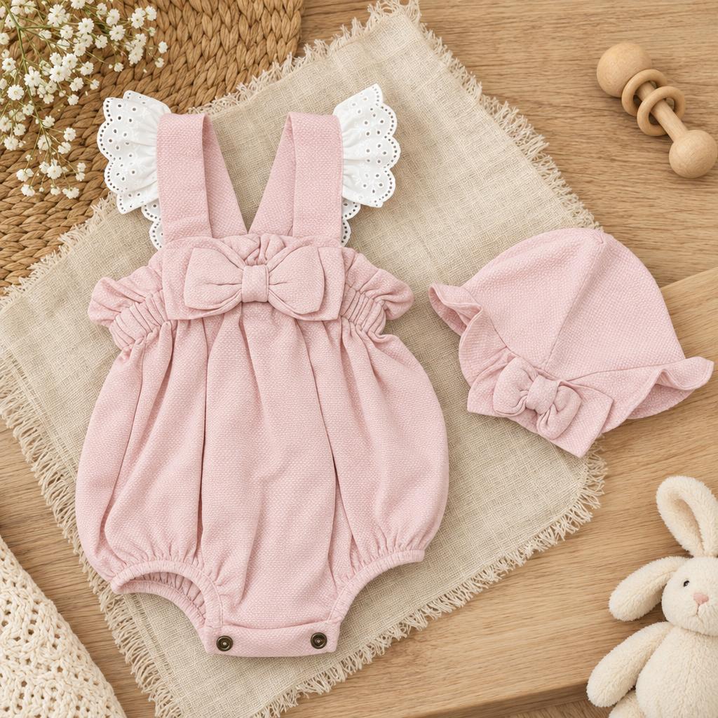 Pink baby bow bodysuit and matching cap displayed on a textured beige mat, showing elasticated leg openings and ruffled cap brim.