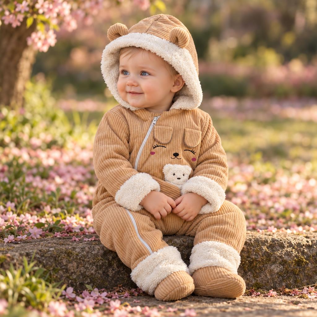 Beige corduroy hooded baby romper worn by a seated baby, showing the asymmetric zip front, bear-face embroidery and fluffy cuffs.