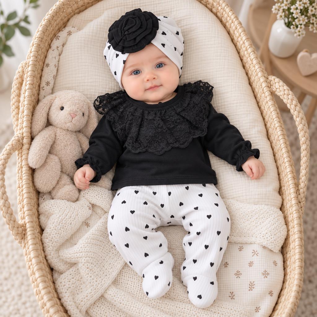 Top-view lifestyle image of the Black baby starter outfit showing the layered lace chest ruffle, Black heart-print footed trousers and flower turban.