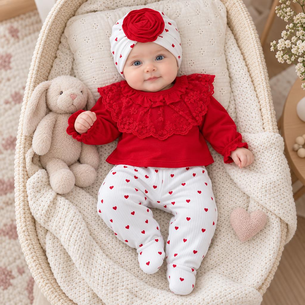 Baby wearing the Red heart lace starter outfit with a Red ruffle-trim shirt, White Red-heart footed trousers and Red flower turban cap.