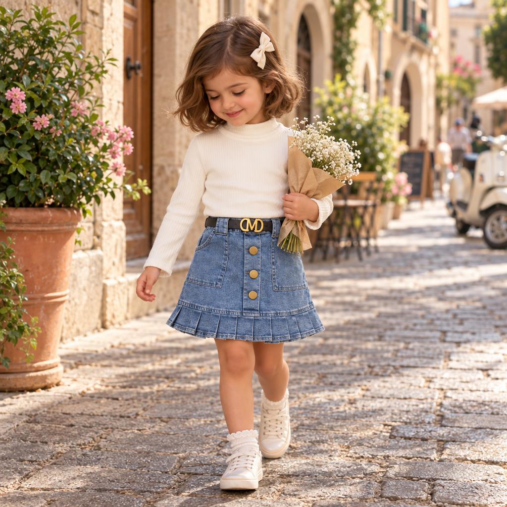Little girl wearing the White ribbed high-neck shirt with the Blue denim-look skirt, holding flowers and showing the pleated hem and front patch pockets.