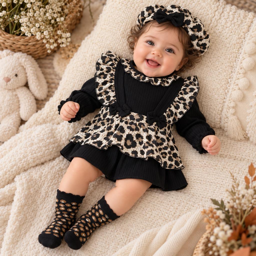 Baby model wearing the Black ribbed-look bodysuit with leopard ruffle collar and layered skirt, paired with a Black bow leopard headband and patterned socks.