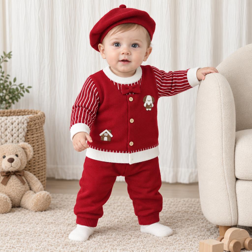 Baby model wearing the Red knit-look puppy applique button-front shirt, matching cuffed trousers and pom-detail beret from the 3-piece set.