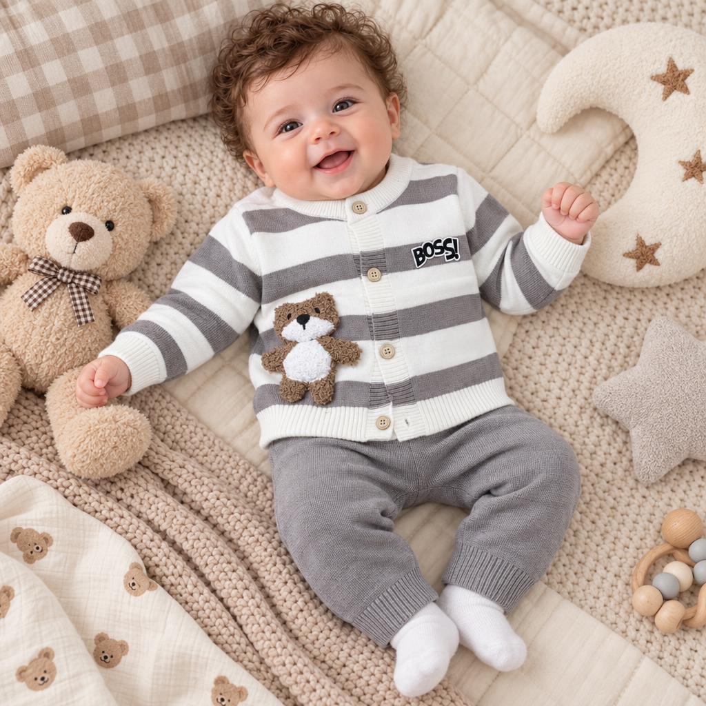 Baby wearing the Grey and White striped knit-look shirt and Grey cuffed trouser set, showing the teddy applique and BOSS chest badge.