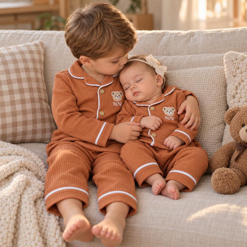 Brown ribbed teddy bear piped night suits on sibling models, showing white contrast trims, notched collars and full-length matching trousers.