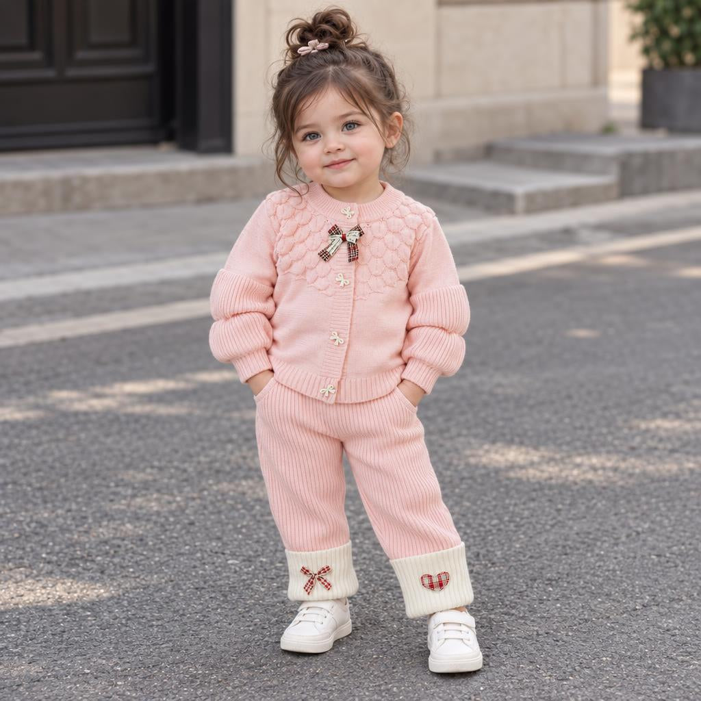 Toddler girl modelling the Pink scallop-knit cardigan and matching ribbed trousers, finished with flower buttons and plaid cuff decorations.