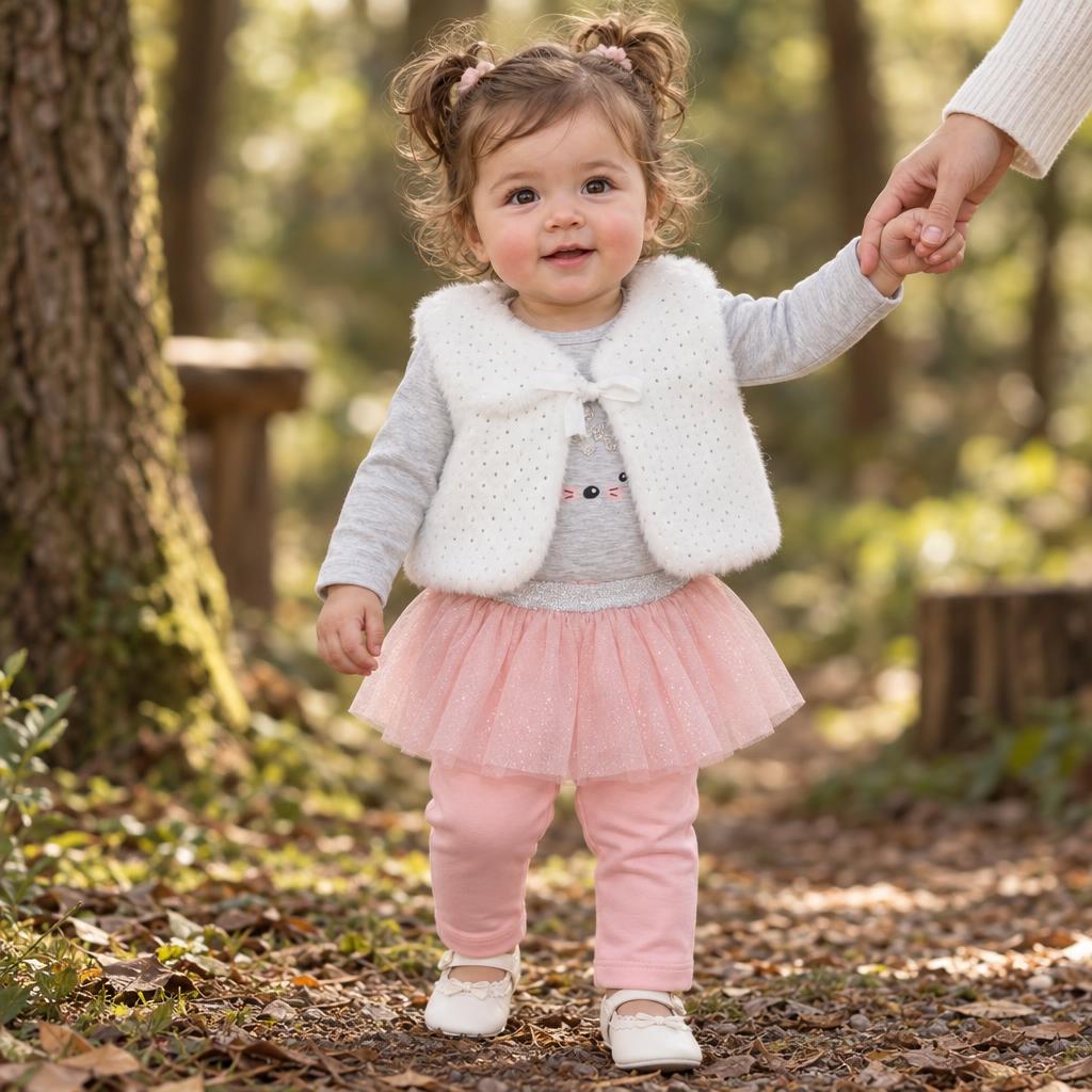 Front outdoor lifestyle view of a toddler wearing the Grey kitty body suit with Pink tulle skirt, White textured waistcoat and matching Pink trousers.