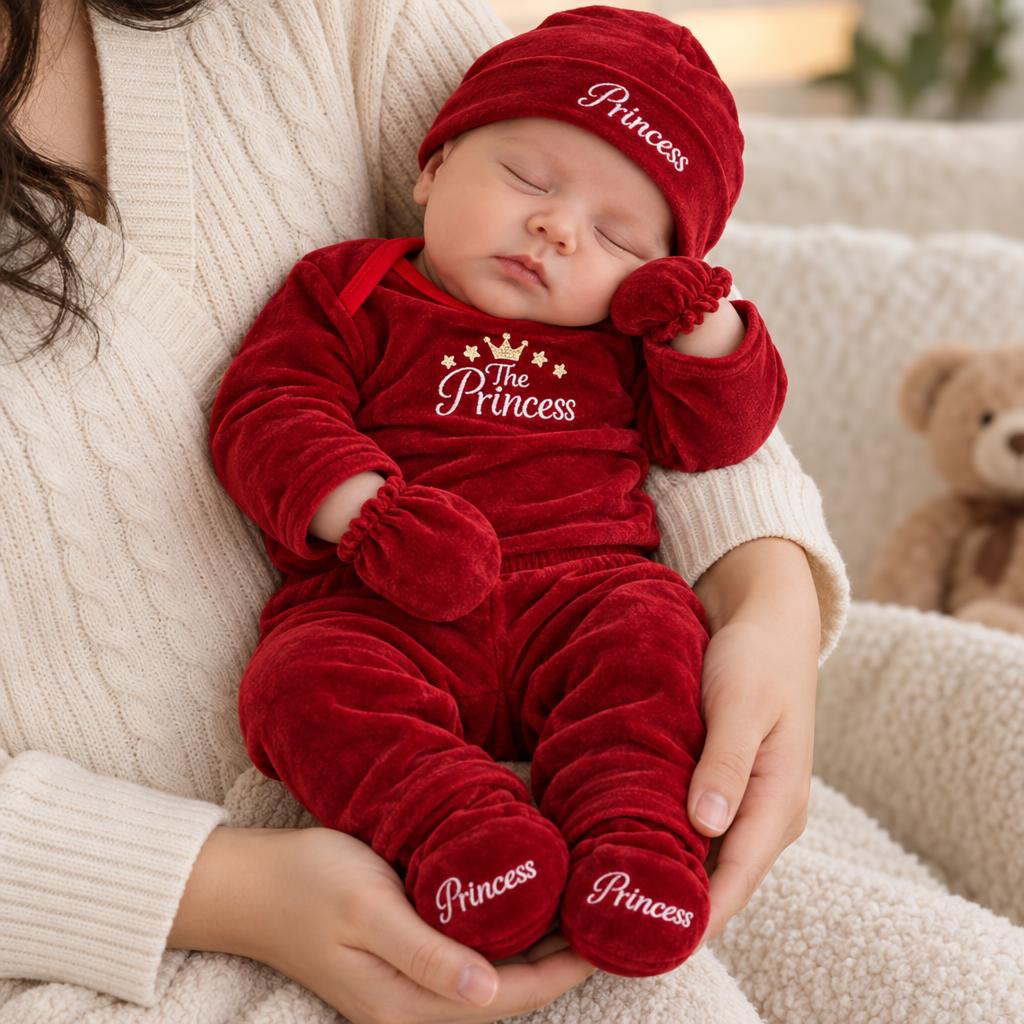 Sleeping newborn wearing the Red Princess velvet top, trouser, cap, mittens and booties, showing the crown-detail The Princess chest embroidery.
