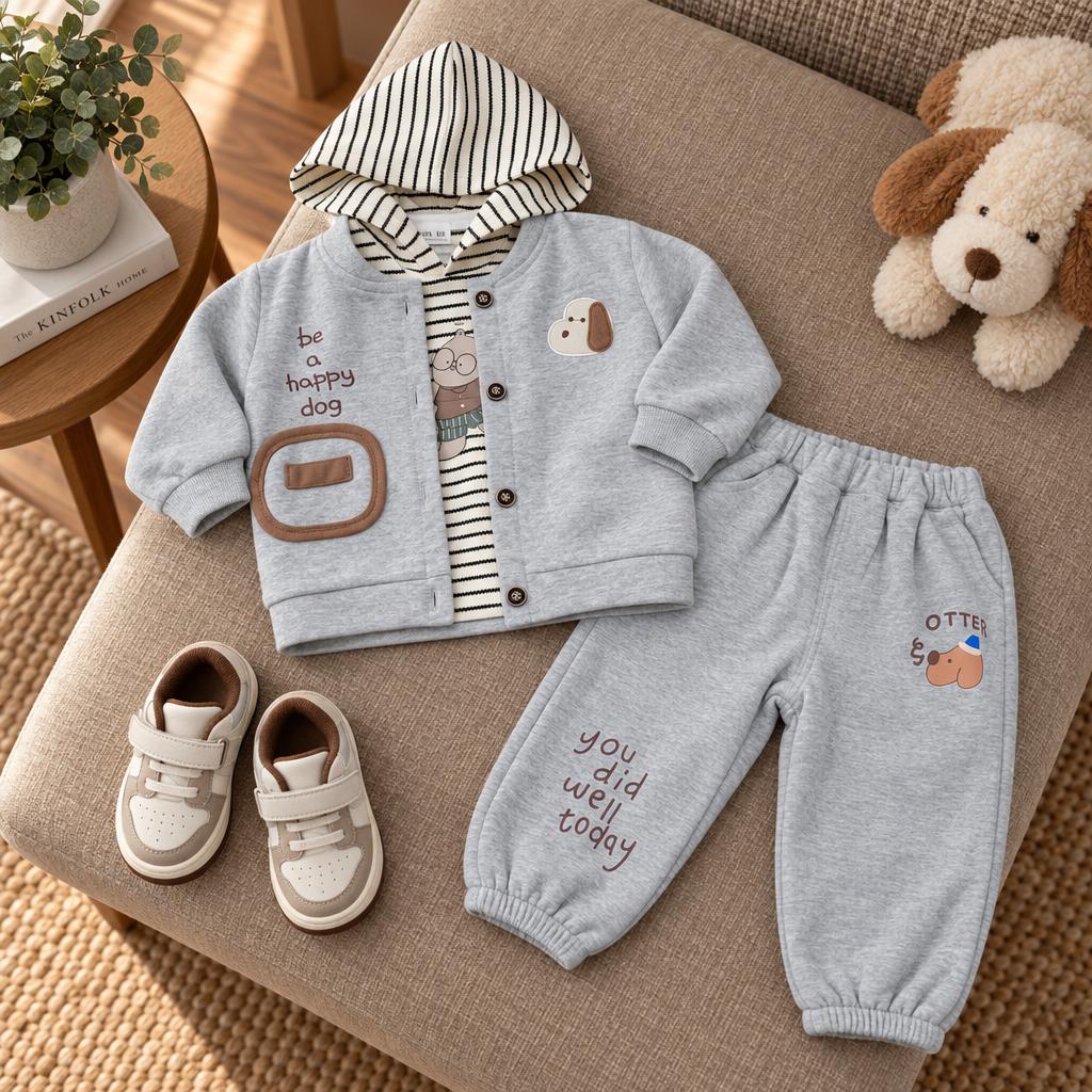 Grey boys three-piece outfit laid on a sofa, showing a Happy Dog button-front jacket, striped hooded shirt and matching printed cuffed jogger trousers.