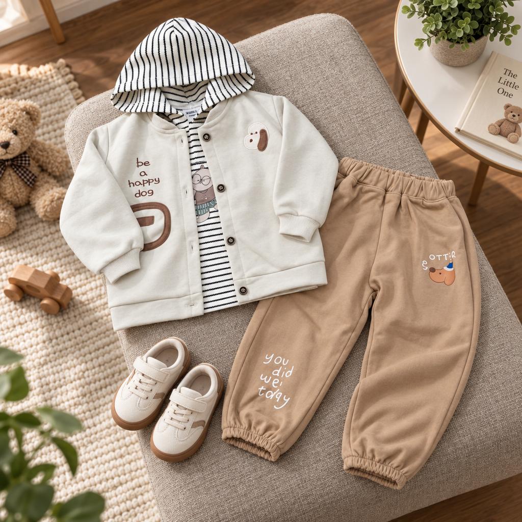 Brown boys three-piece outfit displayed on an armchair, featuring a Cream Happy Dog jacket, striped hooded shirt and Brown printed jogger trousers.