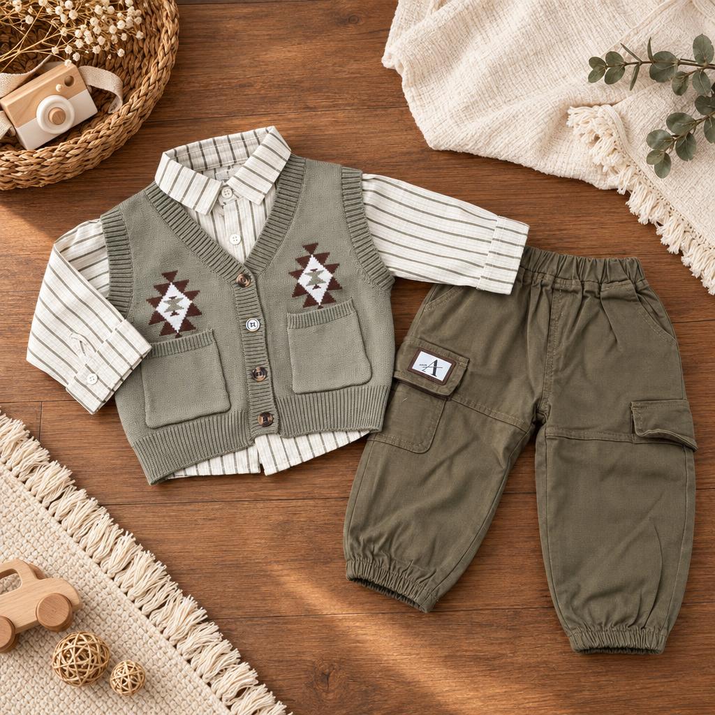 Olive Green boys three-piece outfit laid flat with an Aztec-pattern knit vest, striped button-front shirt and matching Olive Green cargo trousers.