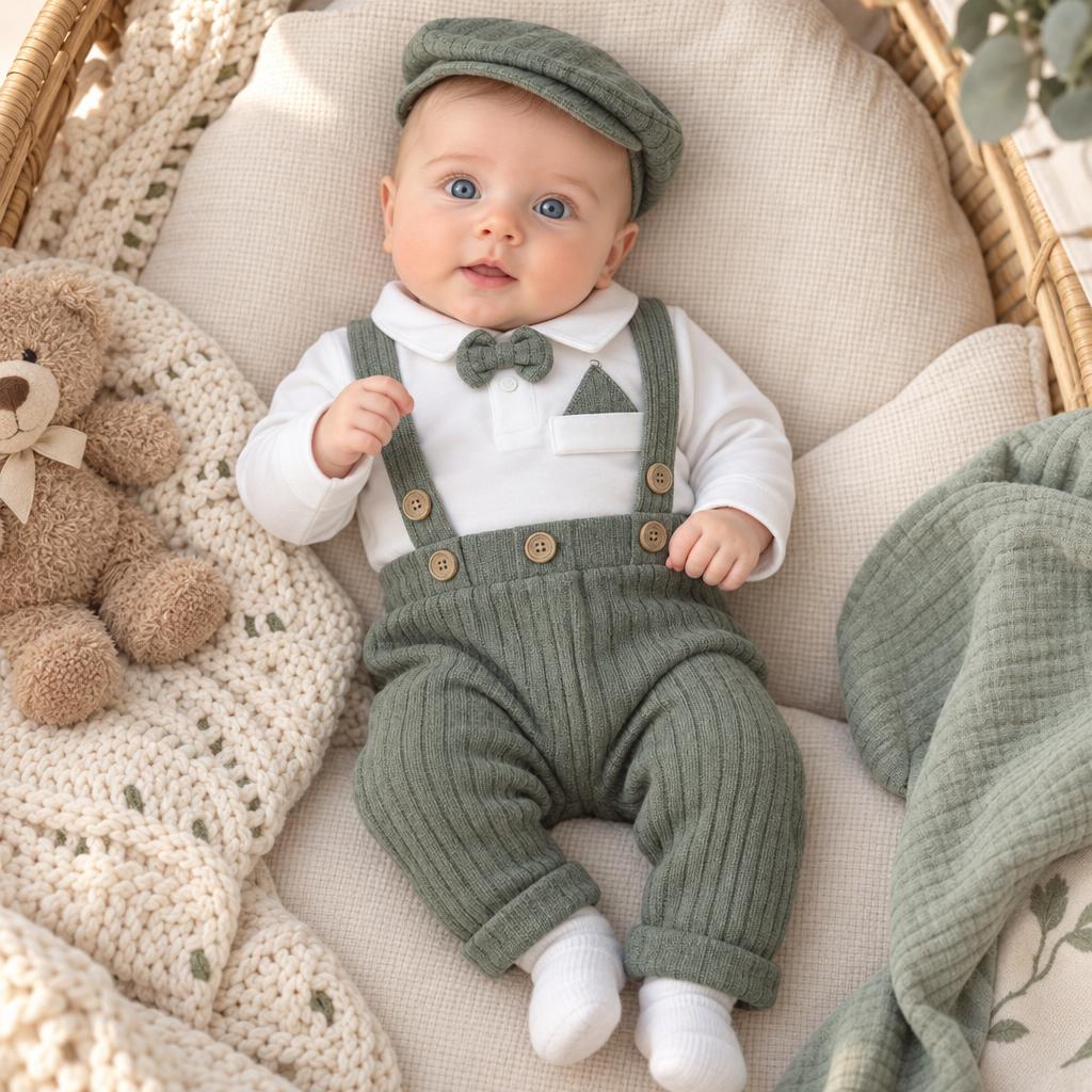 Baby wearing the Green ribbed dungaree suit with White collared bow-tie shirt and matching Green cap while lying in a wicker bassinet