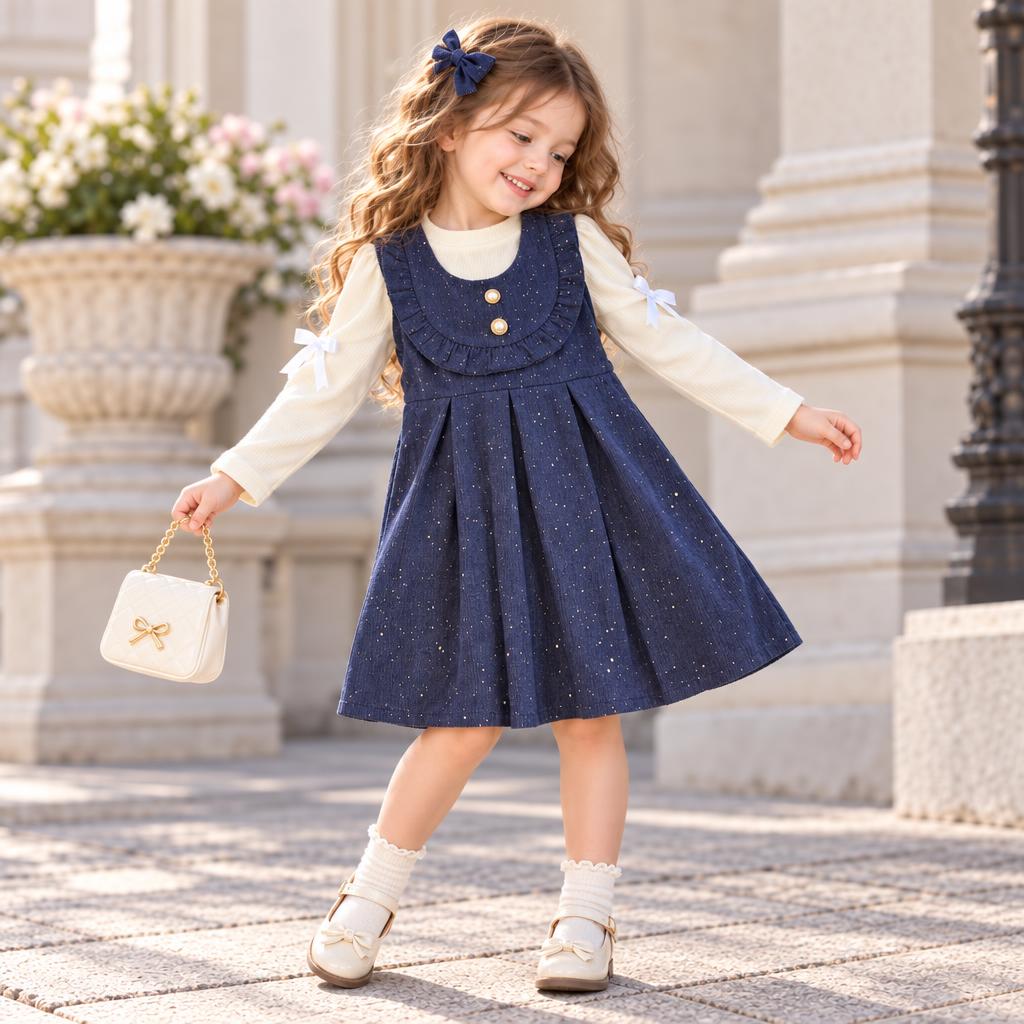 Little girl wearing the Navy Blue sparkle pinafore frock with Cream bow-sleeve shirt, showing the gathered skirt, rounded bib panel and two Gold-tone front buttons.