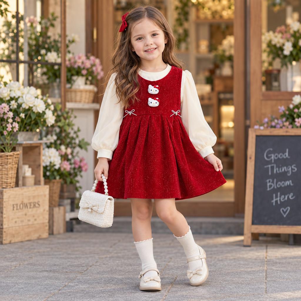 Girl wearing the Red cat-button frock and Cream puff-sleeve shirt set, showing the flared textured skirt and bow waist details.