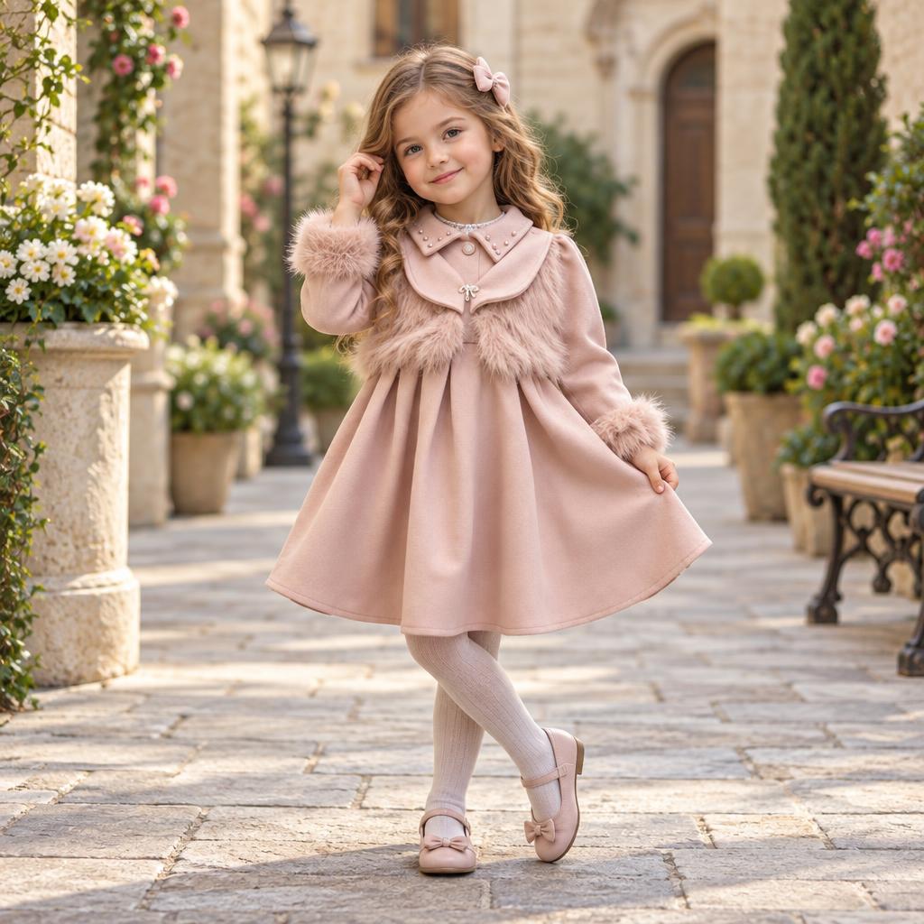 Girl wearing the pink frock and tights set in an outdoor garden setting, showing the soft pink flared frock with furry chest panel and cuff trim.