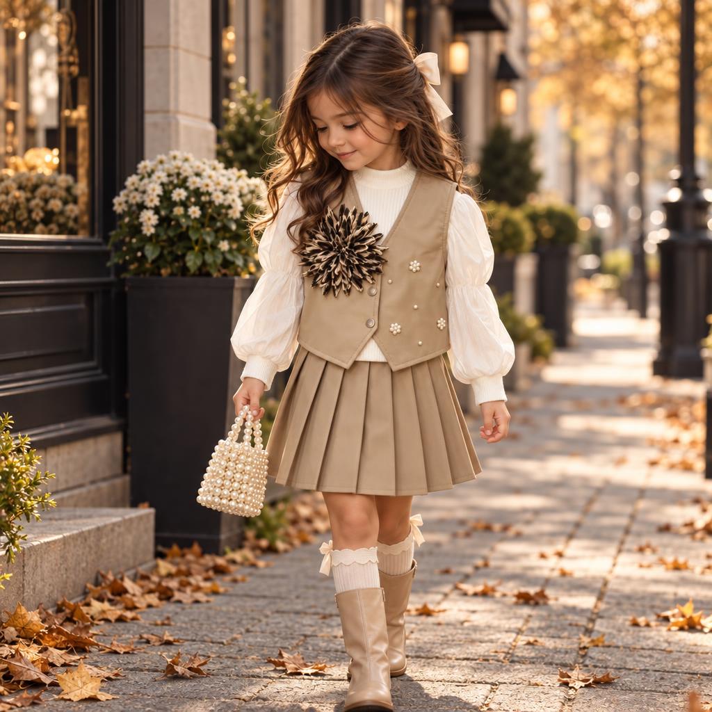 Girl modelling the Beige leather-look vest and pleated skirt set with White high-neck puff-sleeve shirt on an autumn street.